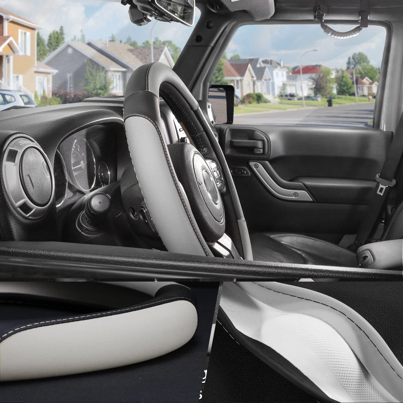 SEG Direct Car Steering Wheel Cover Large Size for F150 F250 F350 Ram 4Runner Tacoma Tundra Range Rover with 15 1/2 inches-16 inches Outer Diameter, Black and Gray Microfiber Leather - Image 3